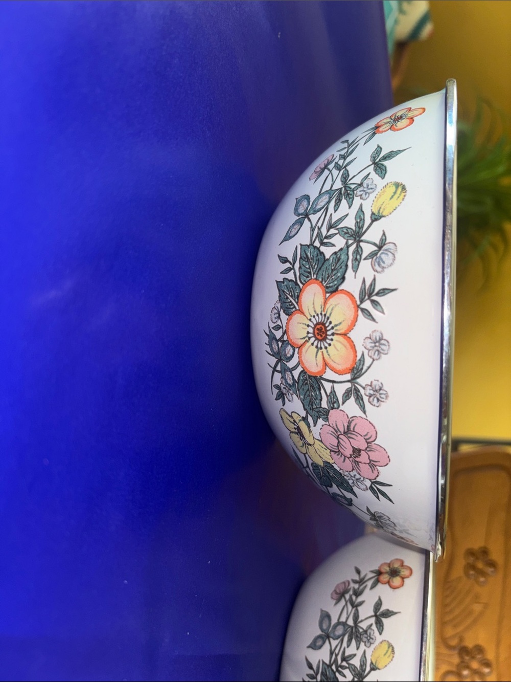 Vintage White Floral Enamel Mixing Bowls with Yellow, Pink, Orange Flowers - Picture 2 of 6